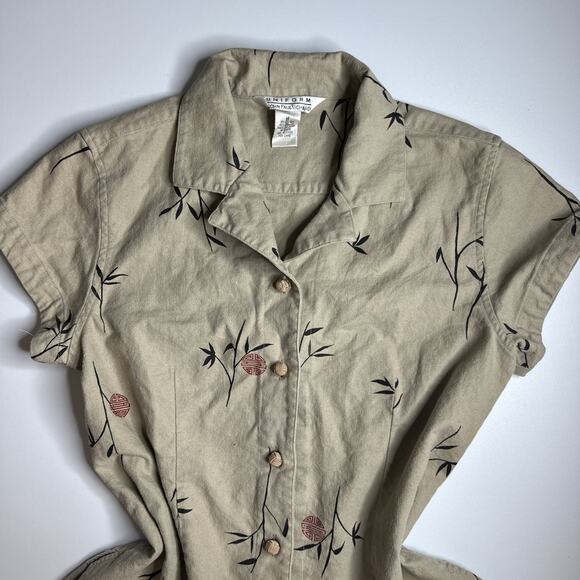 Linen Bamboo Print Shirt John Paul Richard M Cottage Naturecore Button Blouse - Picture 8 of 10